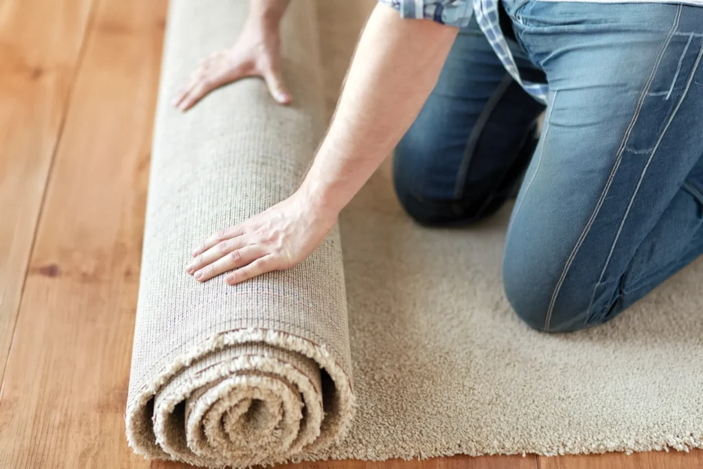Worker rolling up old carpet off a wood floor during a carpet removal job in El Paso, TX